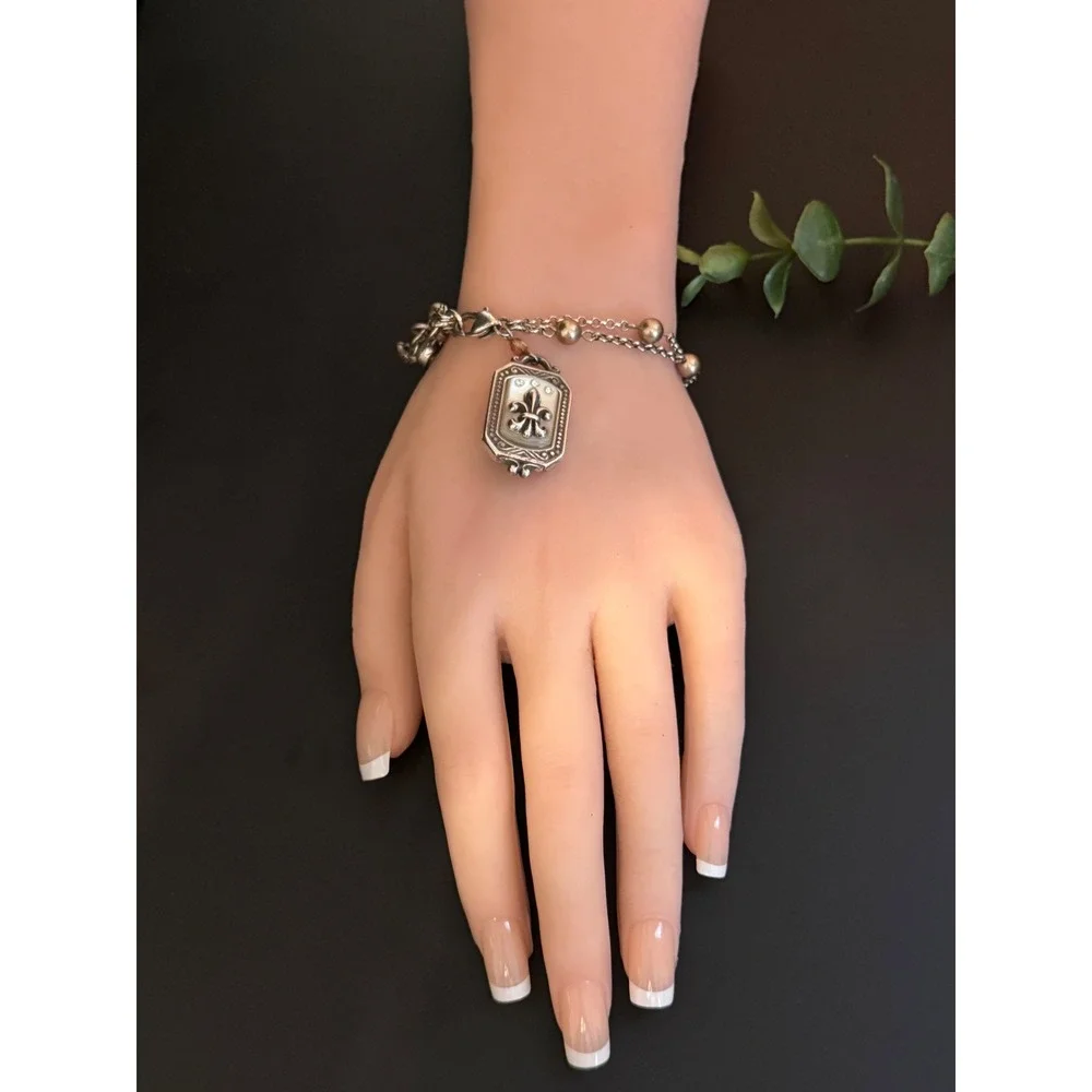 Brighton Fleur-de-Lis Mother of Pearl Heart Charm Pearl Double Strand Bracelet